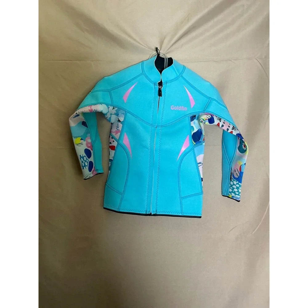 Goldfin Wetsuit Jacket Girls Size 6 Turquoise Excellent Full Zip Neoprene Print